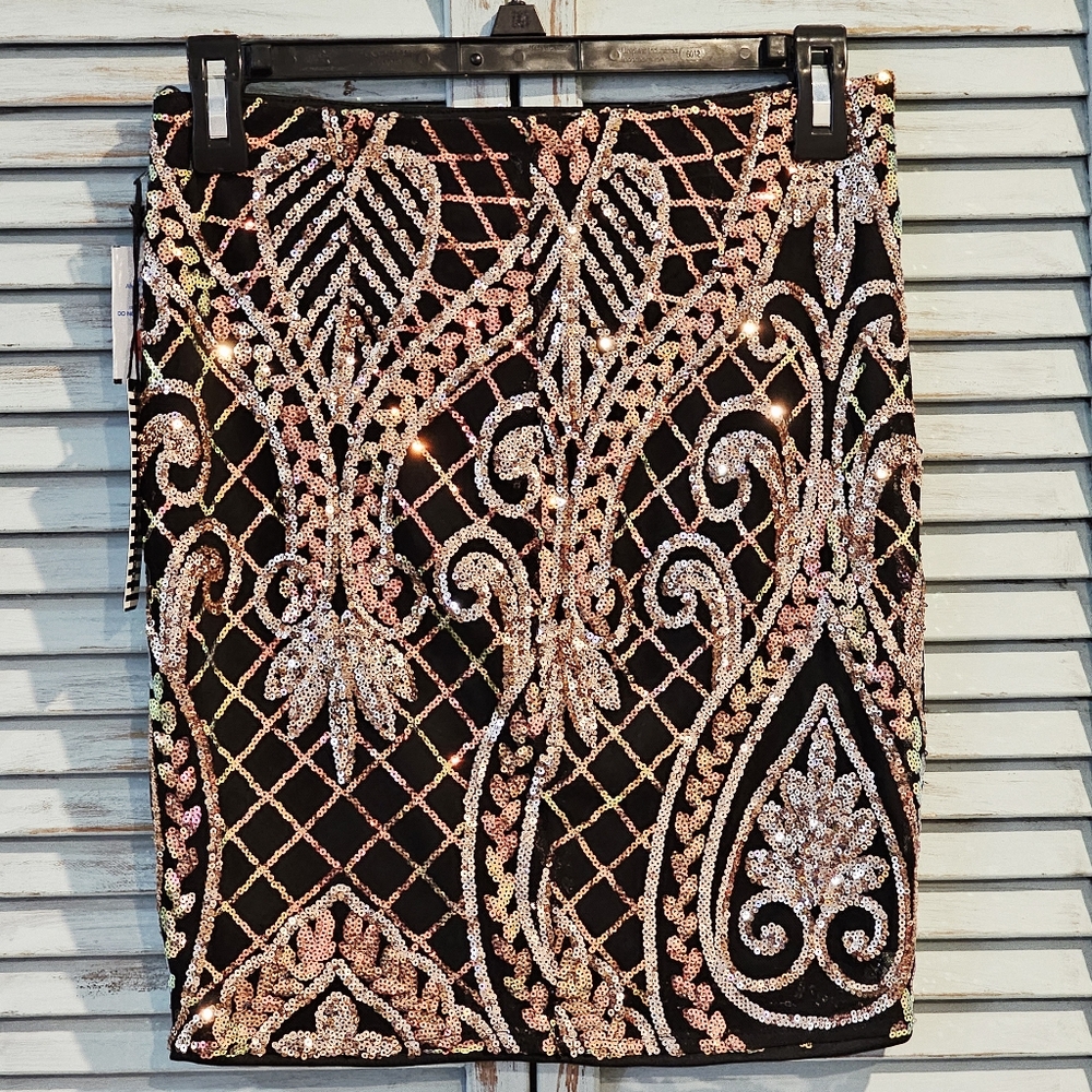 HAUTE MONDE SEQUIN STRETCH MINI SKIRT S Rose Gold Glam Clubwear Cocktail Sexy - Picture 7 of 9